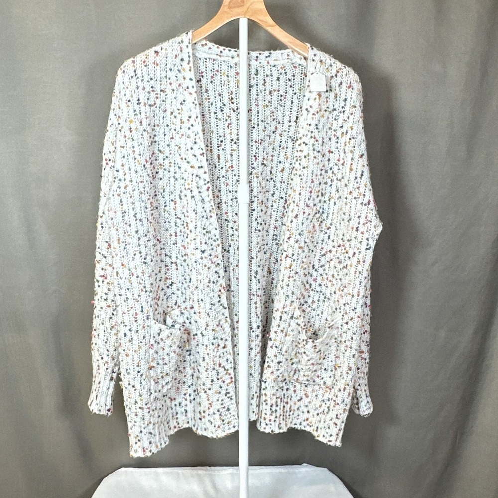 White Multicolor Confetti Knit Open Front Cardigan Sweater Pockets fits Women XL